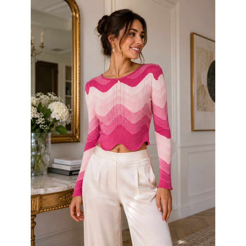 Ming Wang $195 Chevron Stripe Pink Scalloped Knit Top Women's XS